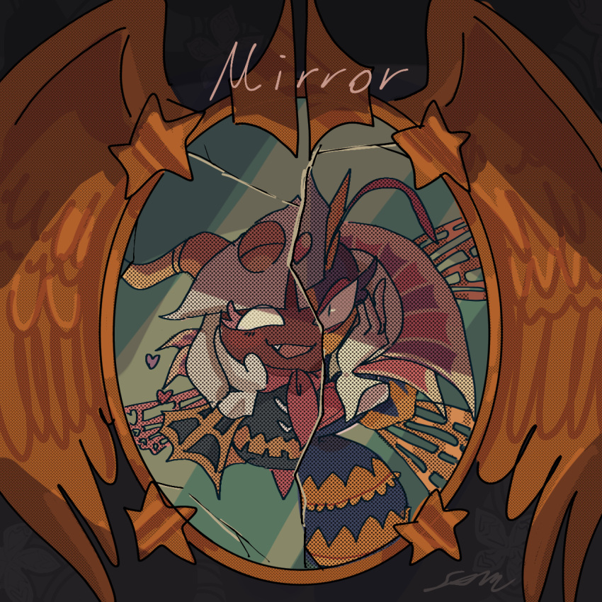 1girl, antennae, broken_mirror, dimension_mirror, gloves, highres, horns, insect_wings