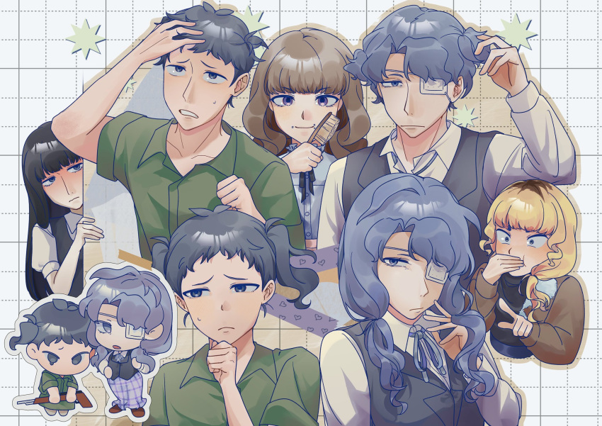 2boys, 3girls, alternate_hairstyle, black_hair, black_vest, blonde_hair, blue_hair, bomber_jacket, brown_hair, brown_jacket, chibi, chibi_inset, clenched_teeth, closed_mouth, collarbone, collared_shirt, commentary, covering_own_mouth, daan_(fear_&amp;_hunger), english_commentary, eyepatch, face_piercing, fear_&amp;_hunger_(series), fear_&amp;_hunger_2:_termina, feathertail0704, frilled_shirt_collar, frills, green_jumpsuit, grid_background, gun, hair_brush, highres, holding, holding_hair_brush, jacket, jumpsuit, karin_(fear_&amp;_hunger), levi_(fear_&amp;_hunger), long_hair, long_sleeves, marina_(fear_&amp;_hunger), medical_eyepatch, mouth_piercing, multicolored_hair, multiple_boys, multiple_girls, multiple_views, open_clothes, open_jacket, peeking_out, piercing, pointing, roots_(hair), samarie_(fear_&amp;_hunger), shirt, smile, teeth, vest, weapon, white_background, white_shirt