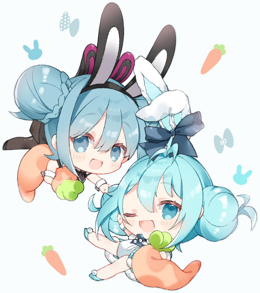 2girls, :d, ;d, animal_ear_hairband, animal_ears, antenna_hair, aqua_hair, aqua_shoes