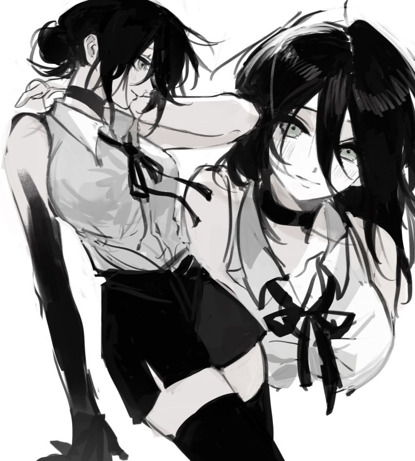 1girl, chainsaw_man, choker, closed_mouth, grenade_pin, greyscale, hair_between_eyes, hair_bun