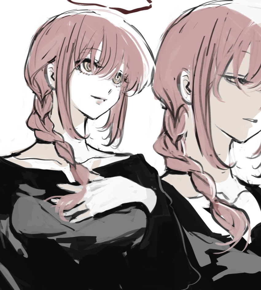 1girl, black_dress, braid, braided_ponytail, chainsaw_man, dress, halo, hand_on_own_chest