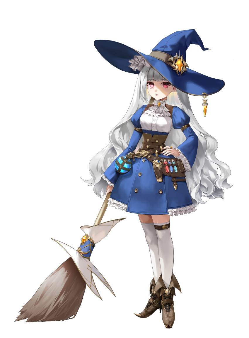1girl, 2bmm2, absurdres, ascot, belt, blue_dress, blue_hat, blunt_bangs