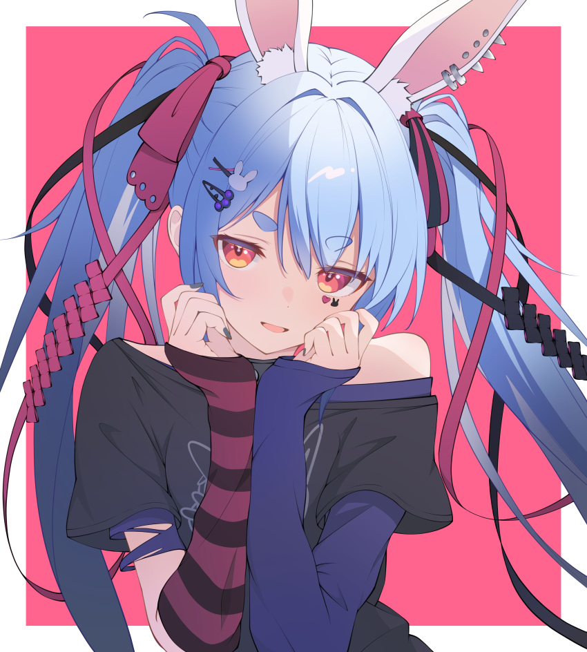 1girl, absurdres, animal_ear_piercing, animal_ears, black_ribbon, black_shirt, blue_hair, blue_shirt