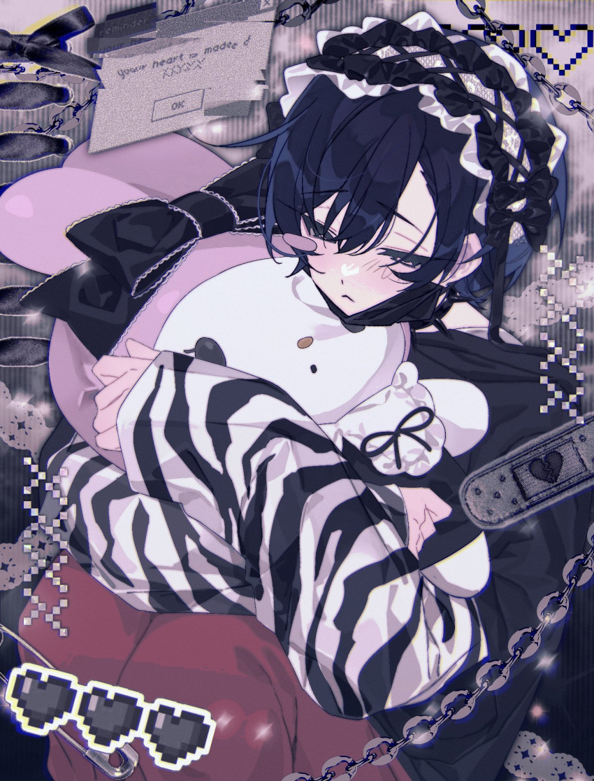 1boy, bandaid, black_bow, black_hair, blush_stickers, bow, charisma_house, commentary