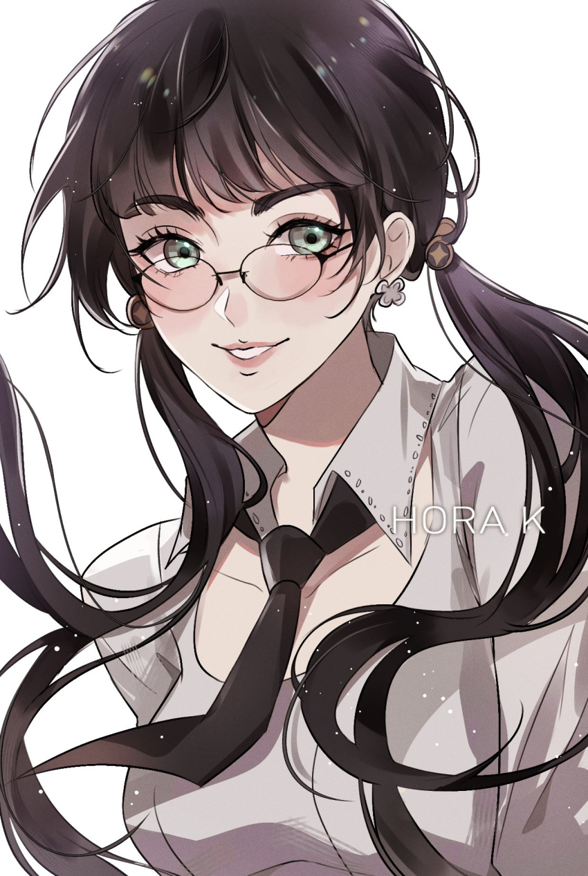 1girl, accord, artist_name, black_hair, black_necktie, blush, breasts, collarbone