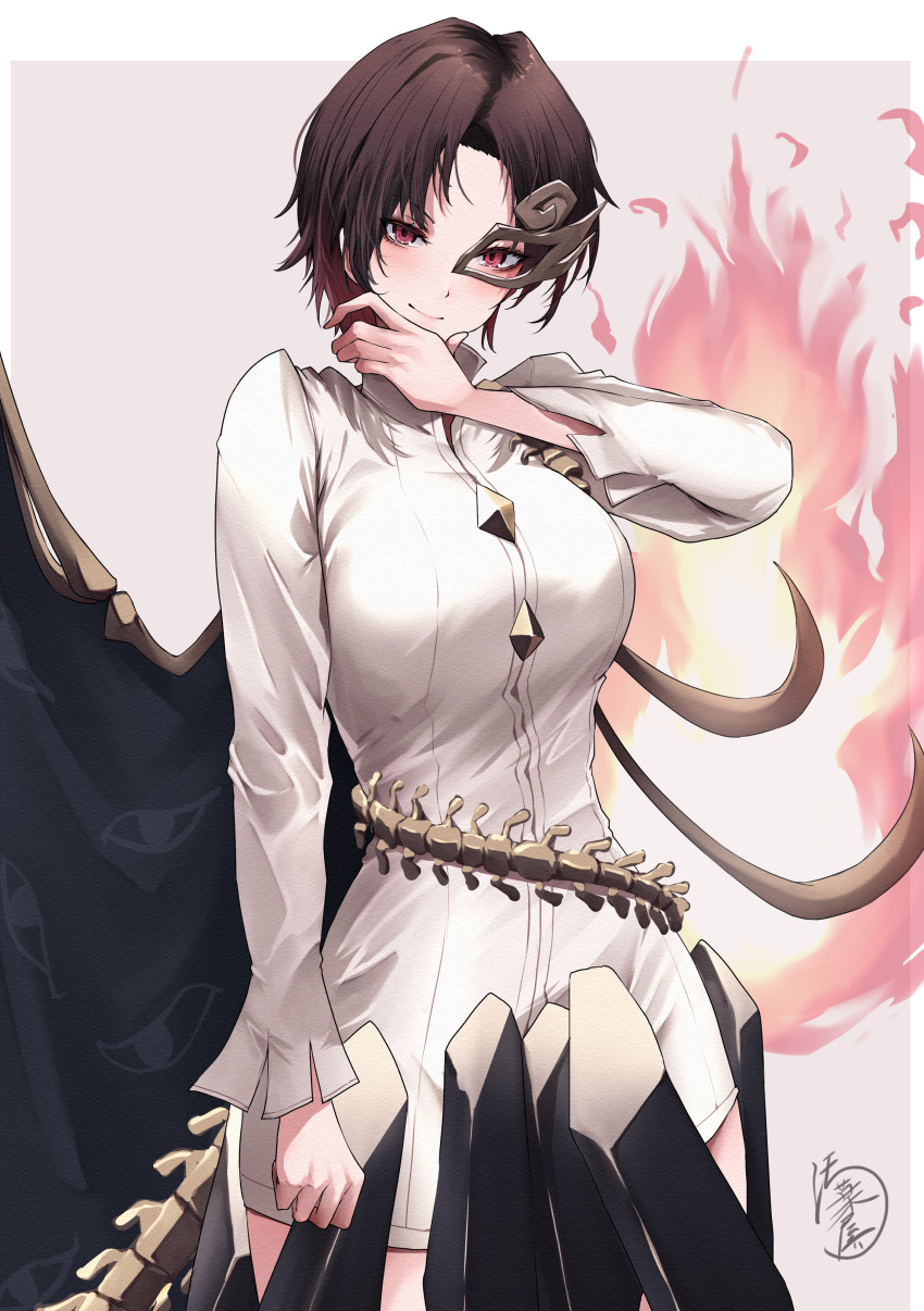 1girl, absurdres, asymmetrical_wings, bone, breasts, brown_hair, brown_mask, buttons