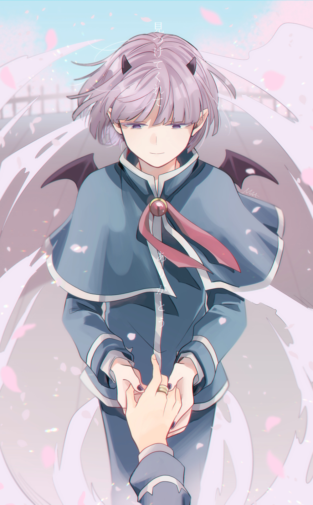 1boy, 1other, black_horns, black_nails, black_wings, blue_capelet, blue_jacket, capelet