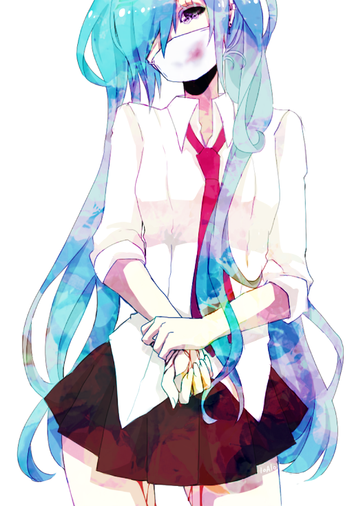 aqua_hair, bad_id, blood, hair_over_one_eye, hatsune_miku, head_tilt, loalo, long_hair