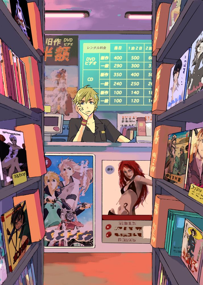 1boy, black_hair, black_shirt, blonde_hair, character_request, collared_shirt, commentary_request, copyright_request, counter, dragon_tattoo, head_on_hand, japanese_clothes, kimono, male_focus, meteor_methuselah, navel, ozaki_kaori, poster_(object), red_hair, shelf, shirt, shop, tattoo, translation_request, umbrella, video_rental_shop, weapon_in_mouth, wristband