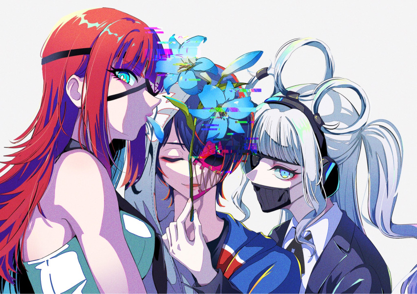 3girls, biohazard_symbol, black_hair, black_jacket, black_shirt, breasts, bright_pupils, chizoku_sawa, closed_eyes, coat, collared_shirt, commentary_request, dual_persona, eyepatch, eyeshadow, film_grain, flower, girl_sandwich, glitch, hair_rings, half_mask, headphones, highres, holding, holding_flower, honoka_kokushikan, hood, hood_up, hooded_coat, jacket, long_hair, long_sleeves, looking_at_viewer, makeup, manji_fushicho, mask, mouth_mask, multiple_girls, open_clothes, open_jacket, red_eyeshadow, red_hair, rei_shimobe, sandwiched, shirt, short_hair, shuten_order, simple_background, sleeveless, sleeveless_shirt, split_theme, white_background, white_coat, white_pupils, white_shirt