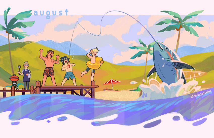 4boys, apron, arm_tattoo, august, beach, beach_umbrella, black_hair, blonde_hair