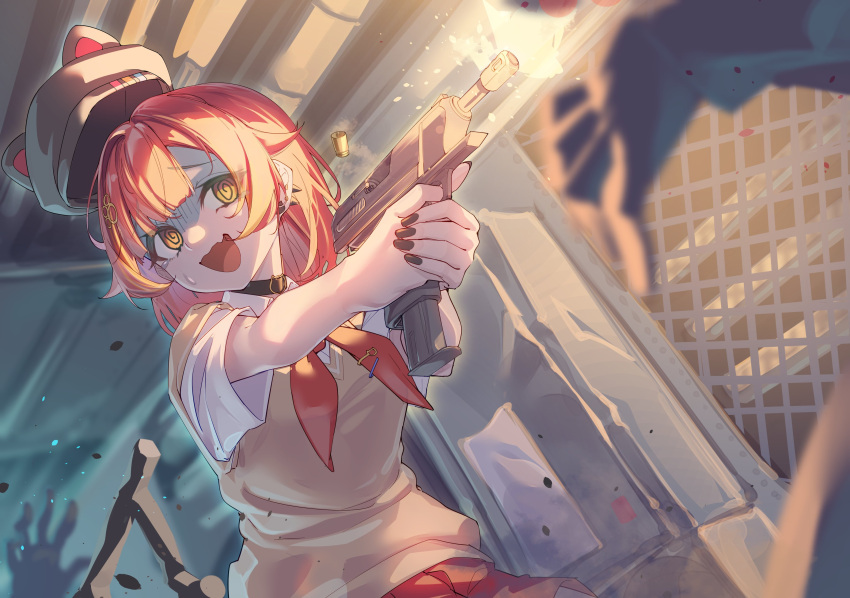 1girl, @_@, absurdres, ahoge, black_choker, black_nails, casing_ejection, choker