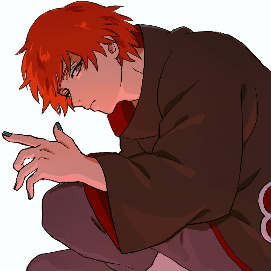 1boy, akatsuki_uniform, black_robe, brown_eyes, closed_mouth, feet_out_of_frame, grey_nails, grey_pants