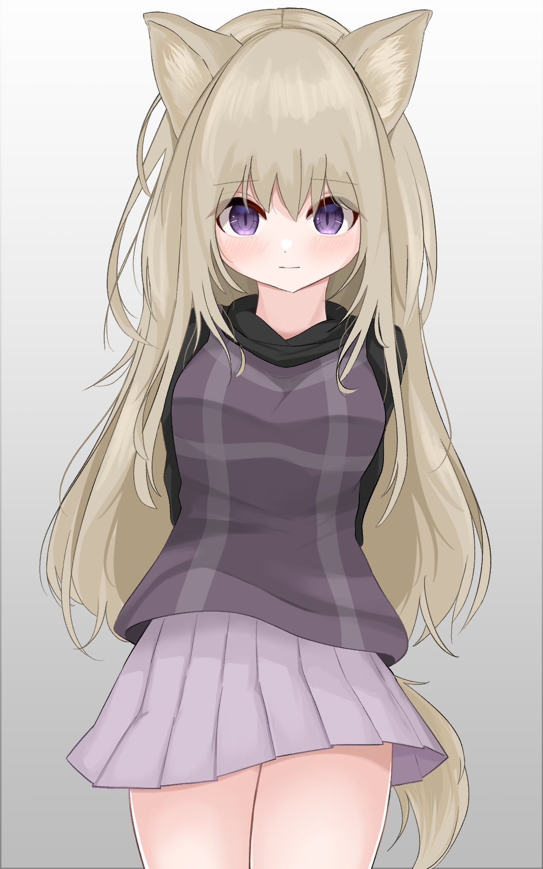 1girl, alternate_hair_length, alternate_hairstyle, animal_ears, arms_behind_back, black_sweater, blonde_hair, closed_mouth