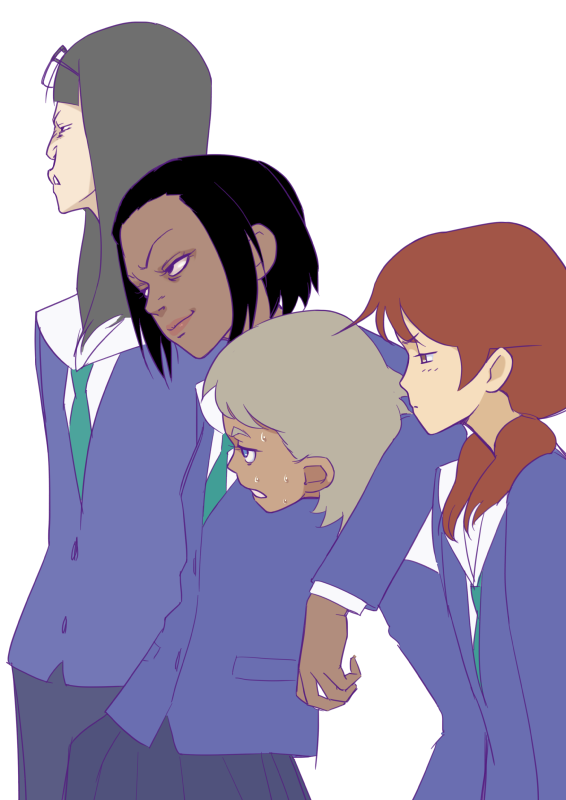 4girls, asymmetrical_bangs, black_hair, commentary, dark-skinned_female, dark_skin, doumeki_parker, doutonbori_touru