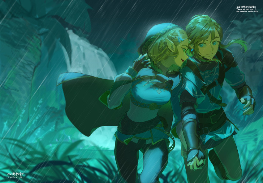 1boy, 1girl, black_cloak, black_pants, blonde_hair, blue_eyes, blue_shirt, blue_tunic