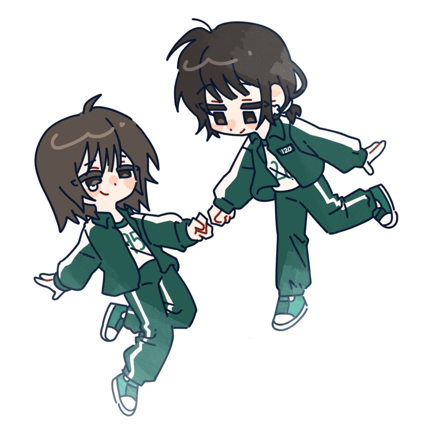 2girls, ahoge, antenna_hair, arm_at_side, brown_eyes, brown_hair, cho_hyun-ju, closed_mouth, collared_jacket, deformed, dot_nose, earrings, eye_contact, fist_bump, flower_earrings, full_body, green_jacket, green_pants, green_shoes, hashtag-only_commentary, highres, jacket, jewelry, kim_young-mi, long_sleeves, looking_at_another, low_ponytail, multiple_girls, no_pupils, open_clothes, open_jacket, pants, ponytail, puffy_long_sleeves, puffy_sleeves, shirt, shoes, short_hair, short_ponytail, single_vertical_stripe, smile, squid_game, standing, standing_on_one_leg, tearing_up, track_jacket, track_pants, white_background, white_shirt, ziralday