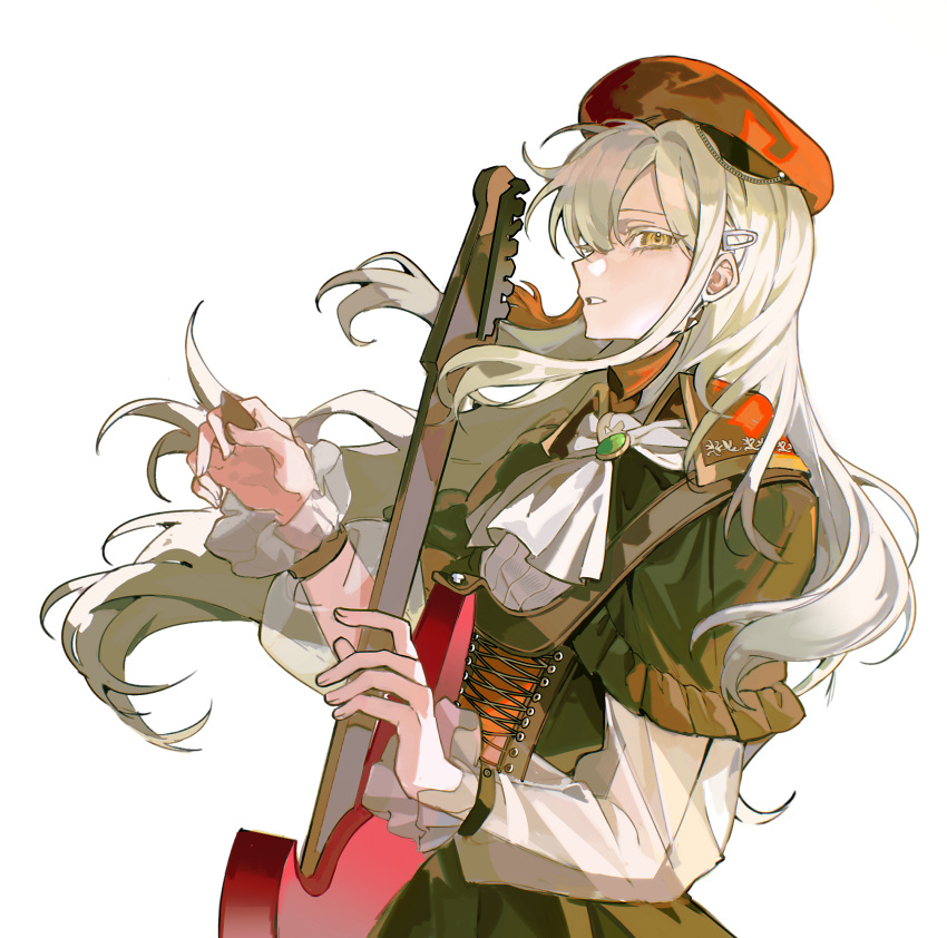 1girl, 7-string_guitar, absurdres, ascot, bang_dream!, bang_dream!_it's_mygo!!!!!, beret, black_capelet