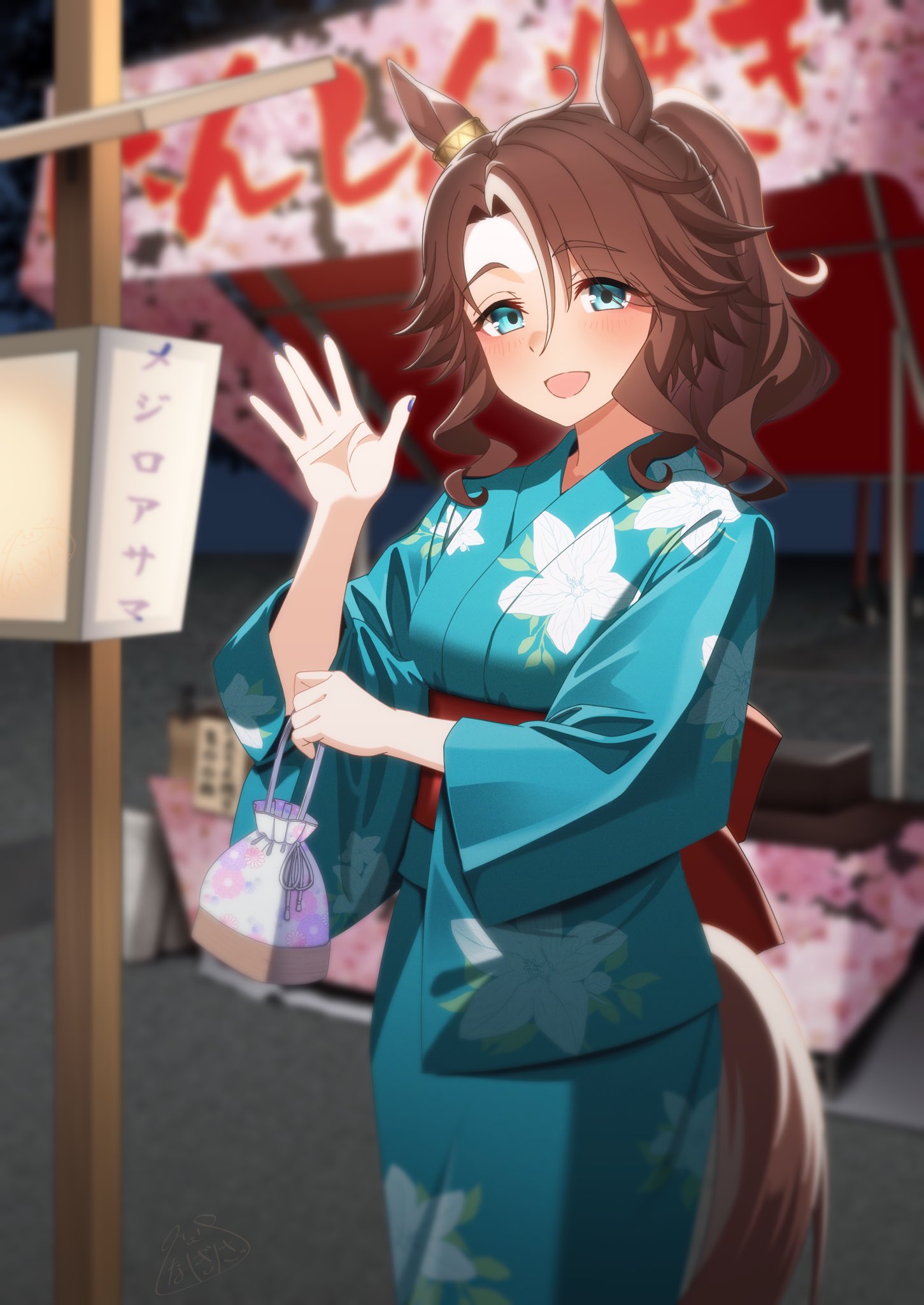 1girl, animal_ears, bag, blue_eyes, blue_kimono, brown_hair, floral_print, floral_print_kimono
