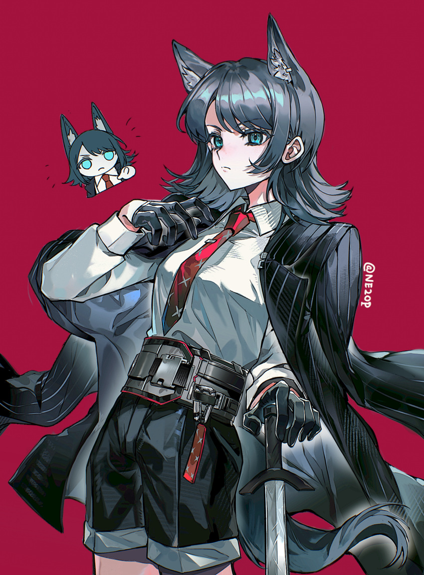 1girl, animal_ears, arknights, bang_dream!, bang_dream!_it's_mygo!!!!!, belt, black_gloves, black_hair