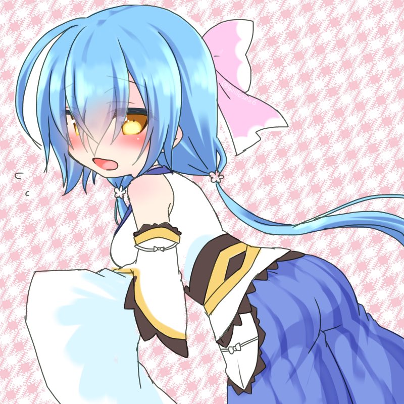 1girl, blue_hair, blue_pants, blush, breasts, detached_sleeves, emil_chronicle_online, from_side, guillosno6, hair_ribbon, long_hair, low_twintails, medium_breasts, open_mouth, pants, pink_ribbon, ribbon, shirt, sleeveless, sleeveless_shirt, solo, twintails, white_shirt, white_sleeves, wide_sleeves, wisp_alma, yellow_eyes