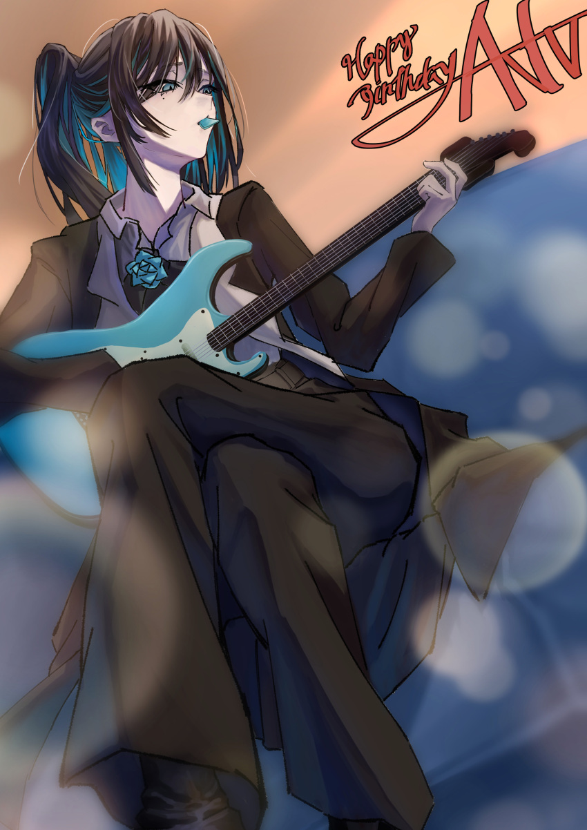 1girl, absurdres, ado_(utaite), altruist_0722, black_coat, black_hair, black_pants, blue_eyes