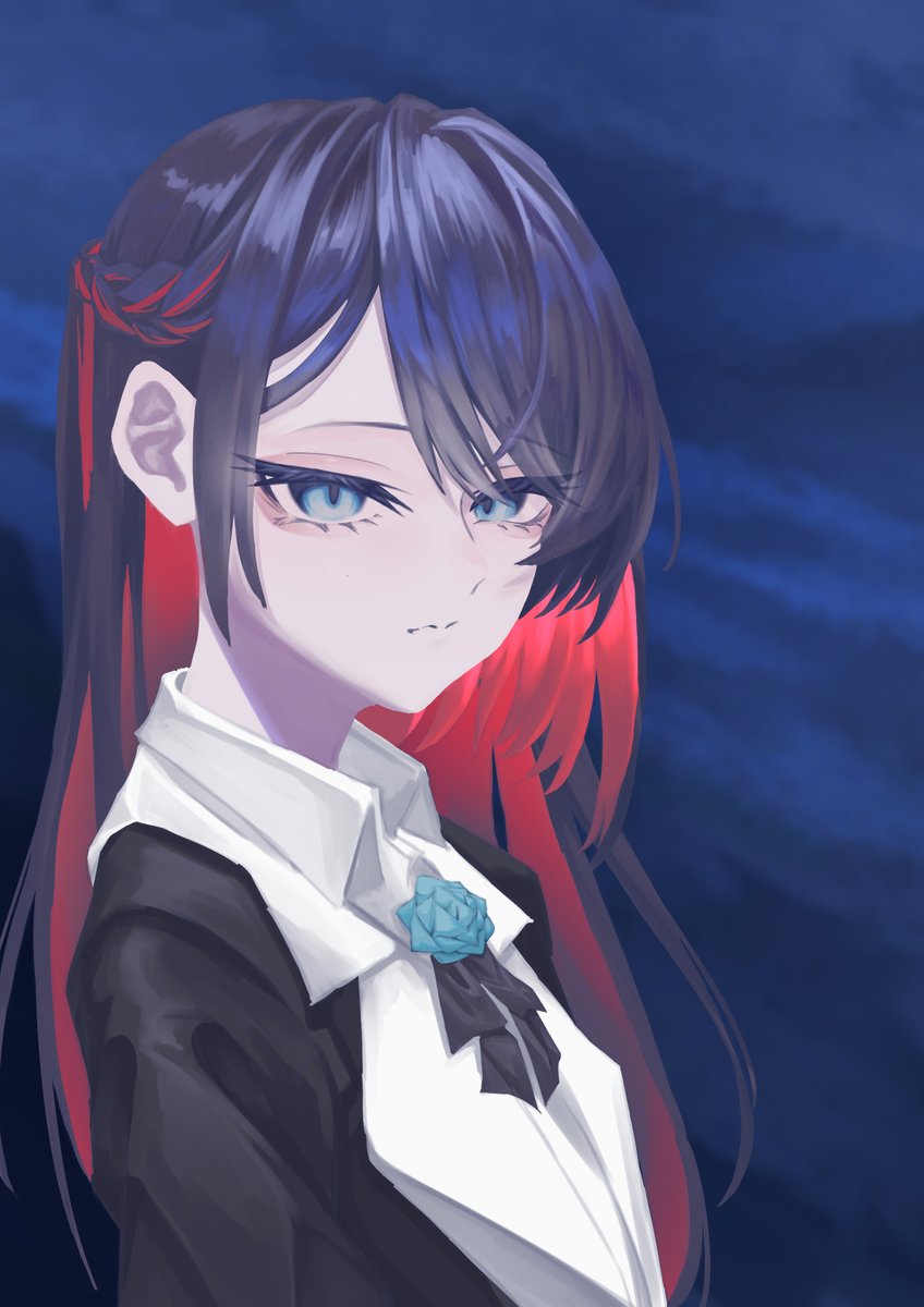 1girl, ado_(utaite), altruist_0722, black_hair, blue_background, blue_eyes, braid, chando_(ado)