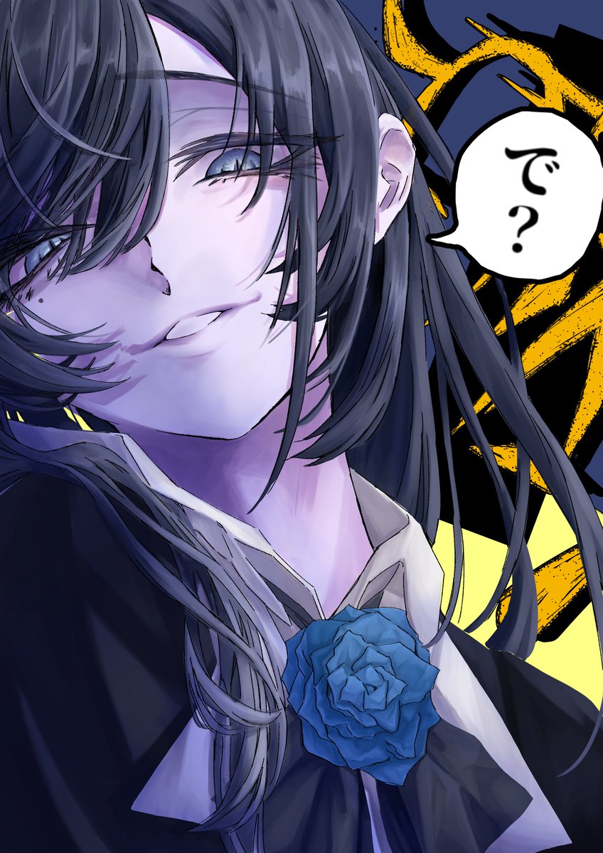 1girl, ado_(utaite), altruist_0722, black_hair, blue_eyes, blue_flower, blue_rose, chando_(ado)
