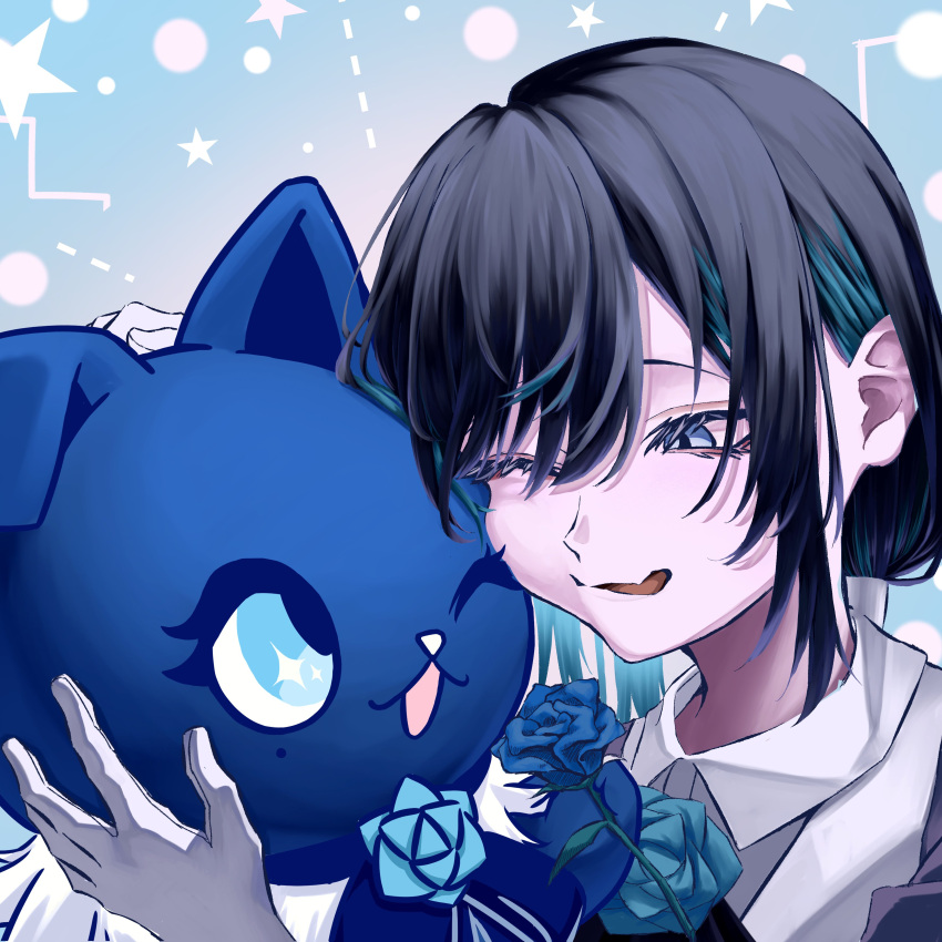1girl, absurdres, ado_(utaite), adorozatorumary, altruist_0722, black_hair, blue_background, blue_eyes, blue_flower, blue_rose, chando_(ado), cheek_press, commentary_request, fang, flower, highres, one-eyed, portrait, rose, sanrio, sidelocks, skin_fang, utaite