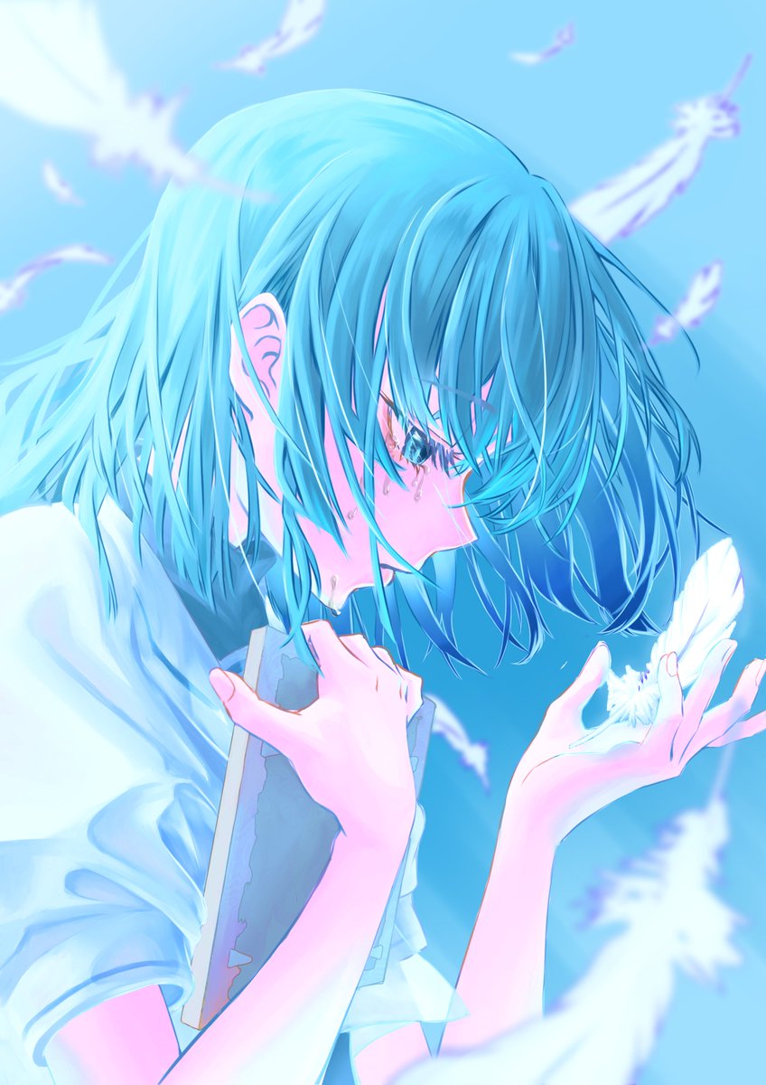 1girl, ado_(utaite), akuru-chan_(ado), altruist_0722, blue_eyes, blue_hair, commentary, crying, crying_with_eyes_open, eien_no_akuru_hi, falling_feathers, feathers, hands_up, hashtag-only_commentary, highres, medium_hair, short_sleeves, sidelocks, solo, tears, upper_body