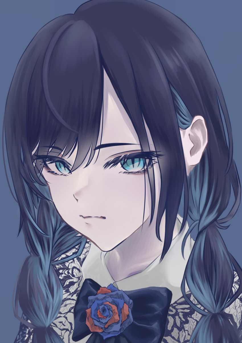 1girl, absurdres, ado_(utaite), altruist_0722, black_bow, black_bowtie, black_hair, blue_background