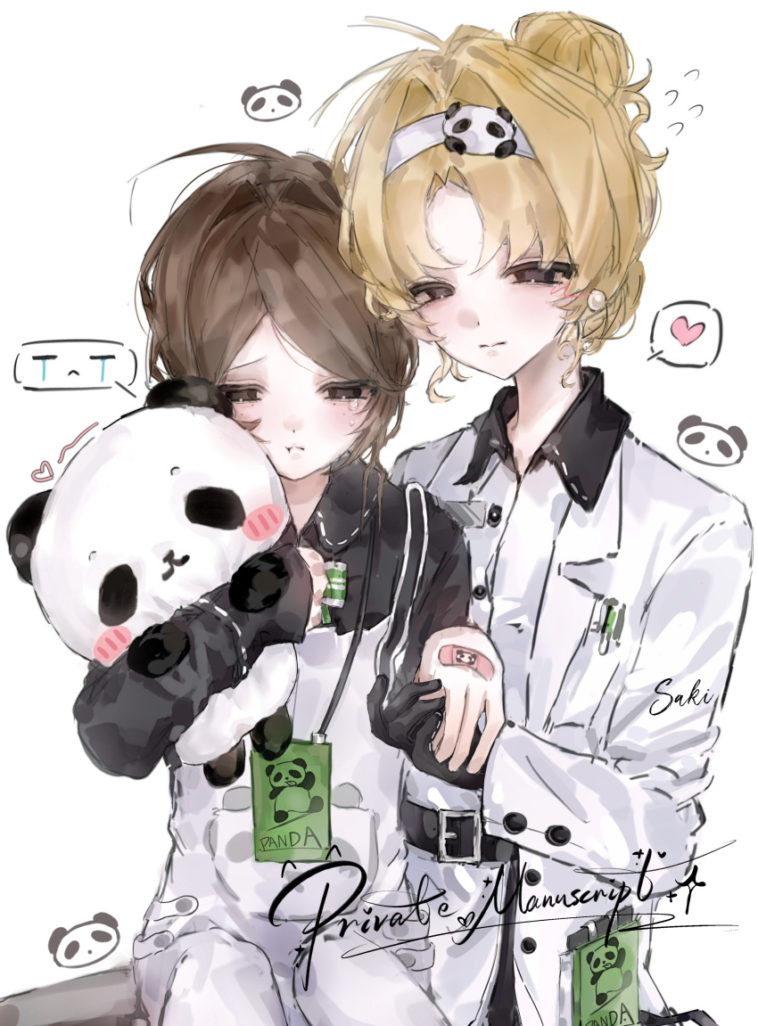 2girls, absurdres, bandaid, belt, black_belt, black_gloves, black_shirt, blonde_hair, blush, brown_eyes, brown_hair, closed_mouth, coat, collared_shirt, crying, emily_dyer, emily_dyer_(bamboo_guardian), emma_woods, emma_woods_(panda_keeper), freckles, gloves, hair_bun, hairband, heart, highres, holding, holding_stuffed_toy, identity_v, jacket, long_sleeves, multiple_girls, overalls, panda, pants, parted_bangs, parted_lips, shirt, short_hair, simple_background, single_hair_bun, sitting, speech_bubble, spoken_heart, stuffed_animal, stuffed_panda, stuffed_toy, tears, white_background, white_coat, white_hairband, white_jacket, white_shirt, xinjinjumin340775784784