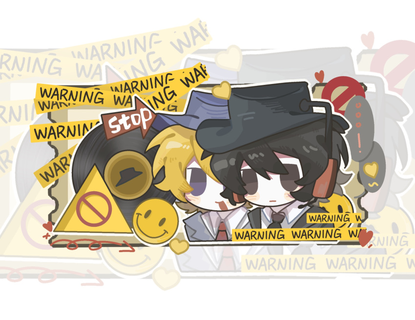 !, ..., 2boys, :d, arrow_(symbol), black_eyes, black_hair, black_hat