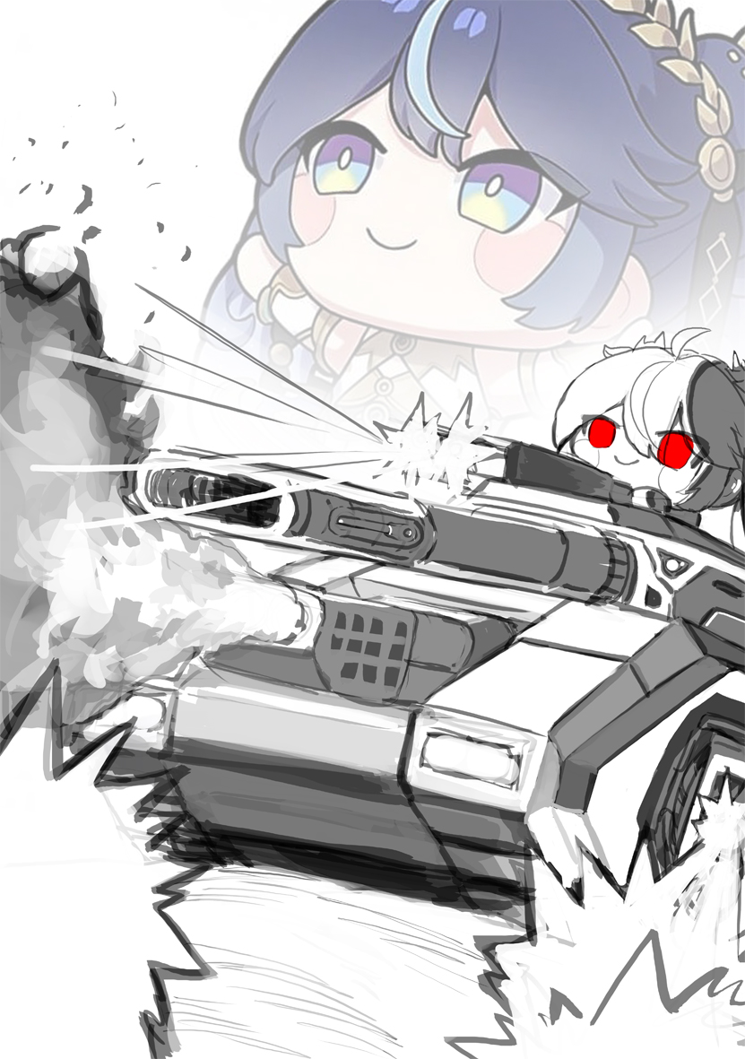 1girl, ahoge, blush_stickers, camellya_mascot_(meme), closed_mouth, commentary_request, iuno_(wuthering_waves), kokono_(kokonokami)