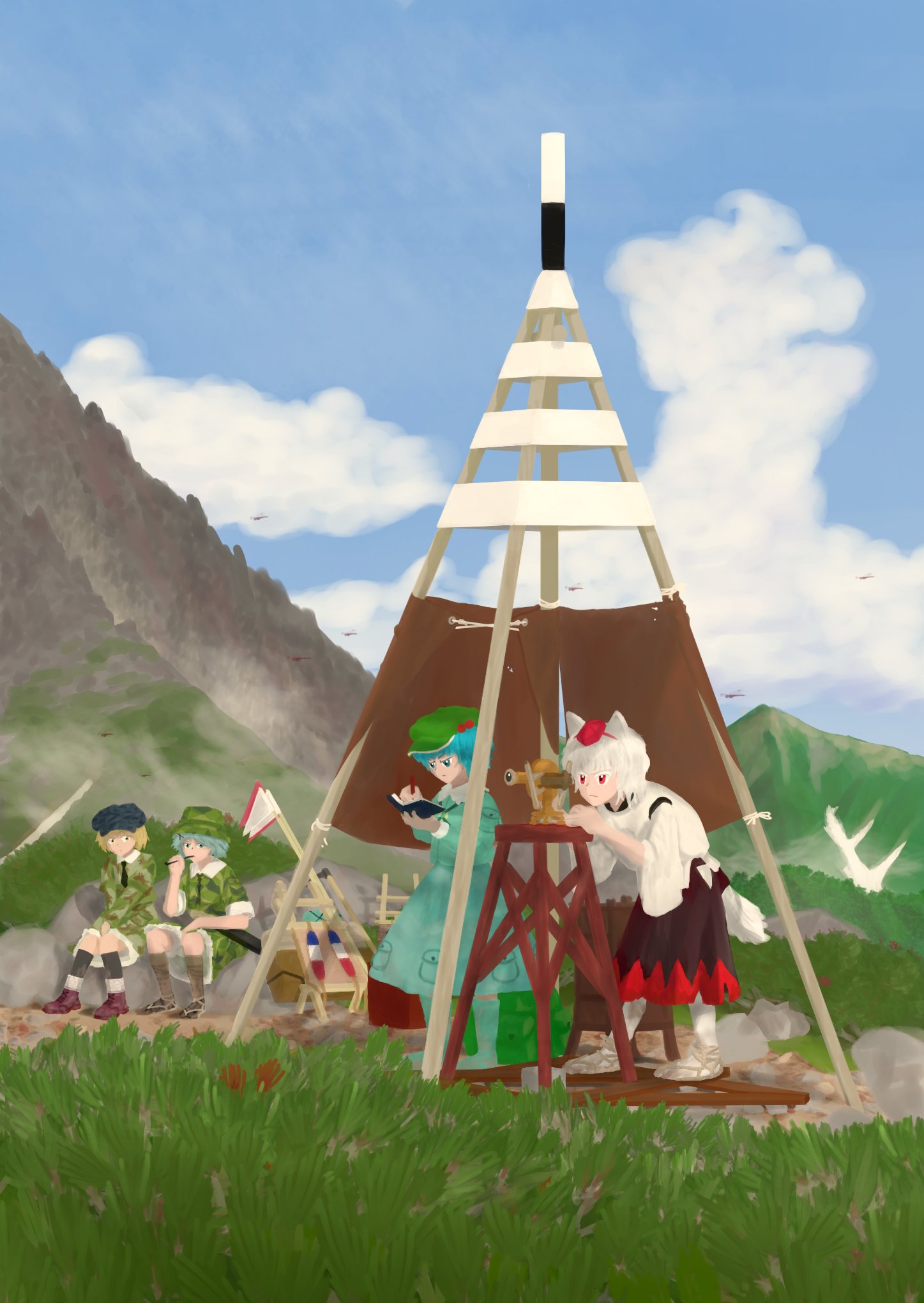 4girls, blue_eyes, blue_hair, book, grass, hat, highres, holding, holding_book, holding_pen, inubashiri_momiji, kappa_mob_(touhou), kawashiro_nitori, miikkadd, mountainous_horizon, multiple_girls, pen, shirt, sitting, telescope, tokin_hat, touhou, white_shirt, writing