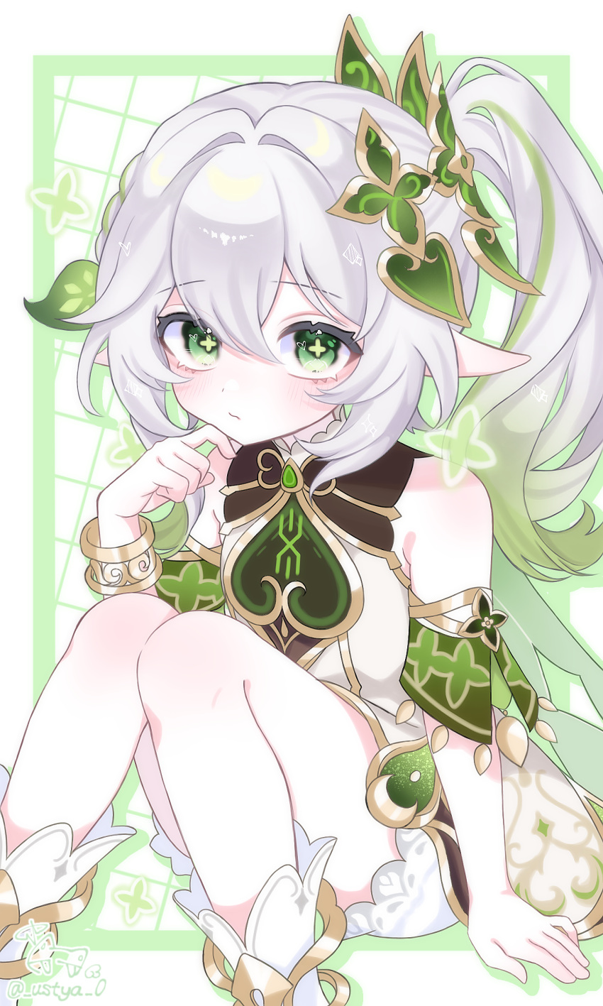 1girl, bare_shoulders, blush, bracelet, closed_mouth, commentary, cross-shaped_pupils, detached_sleeves