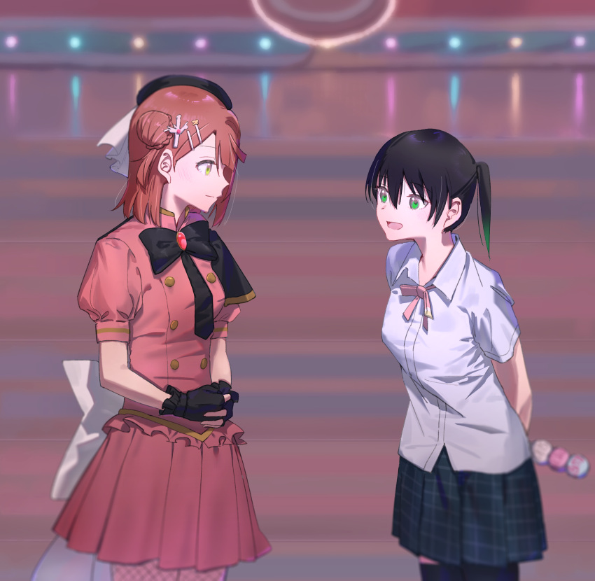 2girls, :d, absurdres, aiscream_presents_topping_live, black_gloves, black_hair, black_skirt, black_thighhighs