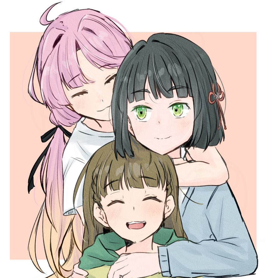3girls, :3, :d, ^_^, ahoge, anyoji_hime, anyoji_hime_(summer_loungewear), arms_around_neck