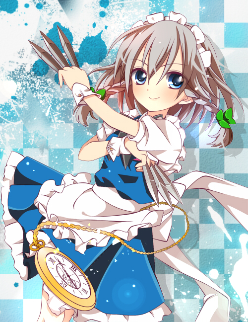 apron, bad_id, blue_eyes, braid, checkered, checkered_background, izayoi_sakuya, knife