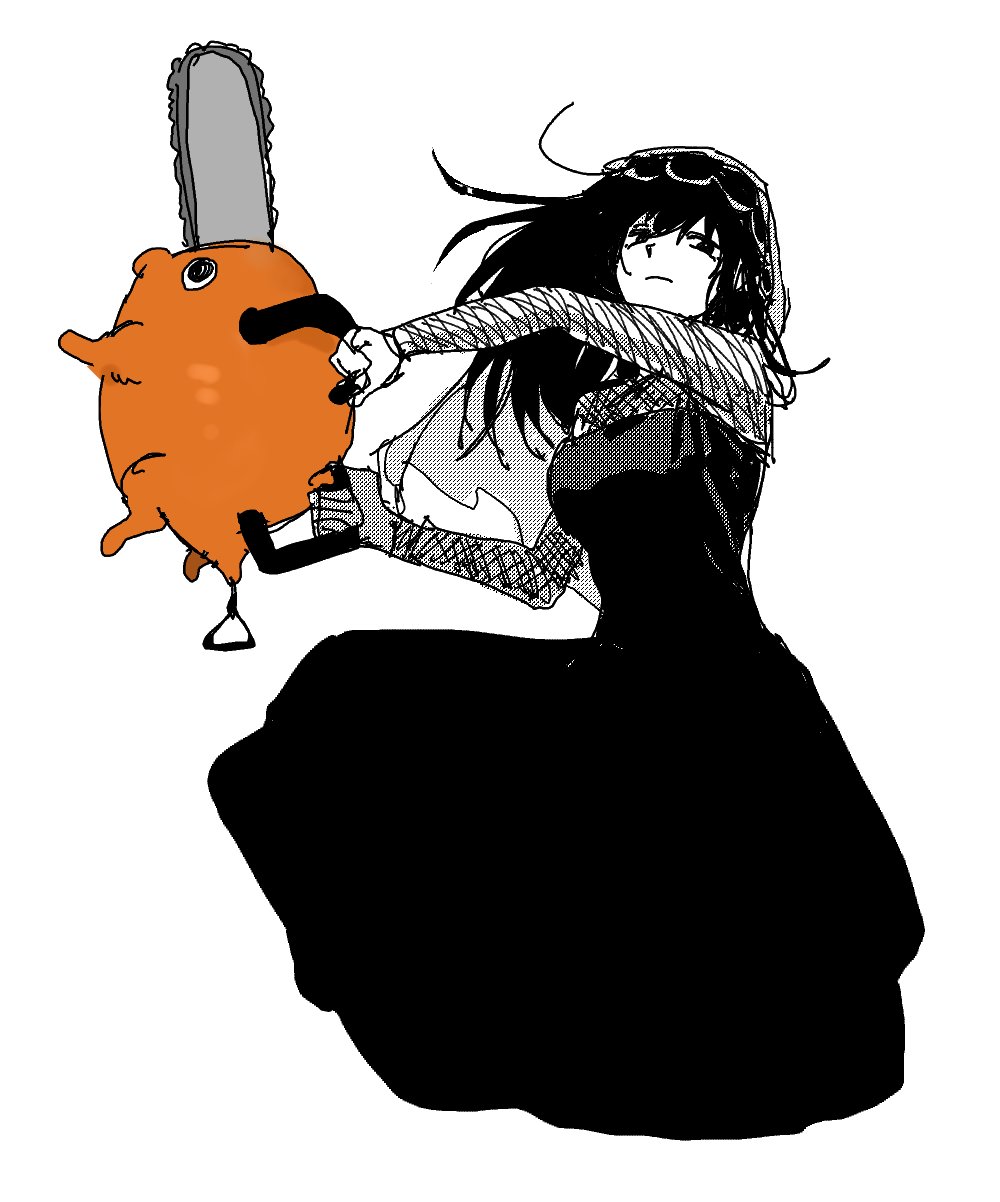1girl, animal_hands, black_dress, black_eyes, black_hair, chainsaw, chainsaw_man, closed_mouth, colored_skin, creature, dress, fishnets, hair_between_eyes, handlebar, highres, long_hair, orange_skin, osaragi_(sakamoto_days), pochita_(chainsaw_man), rukaheehee, sakamoto_days, tail, veil, white_background