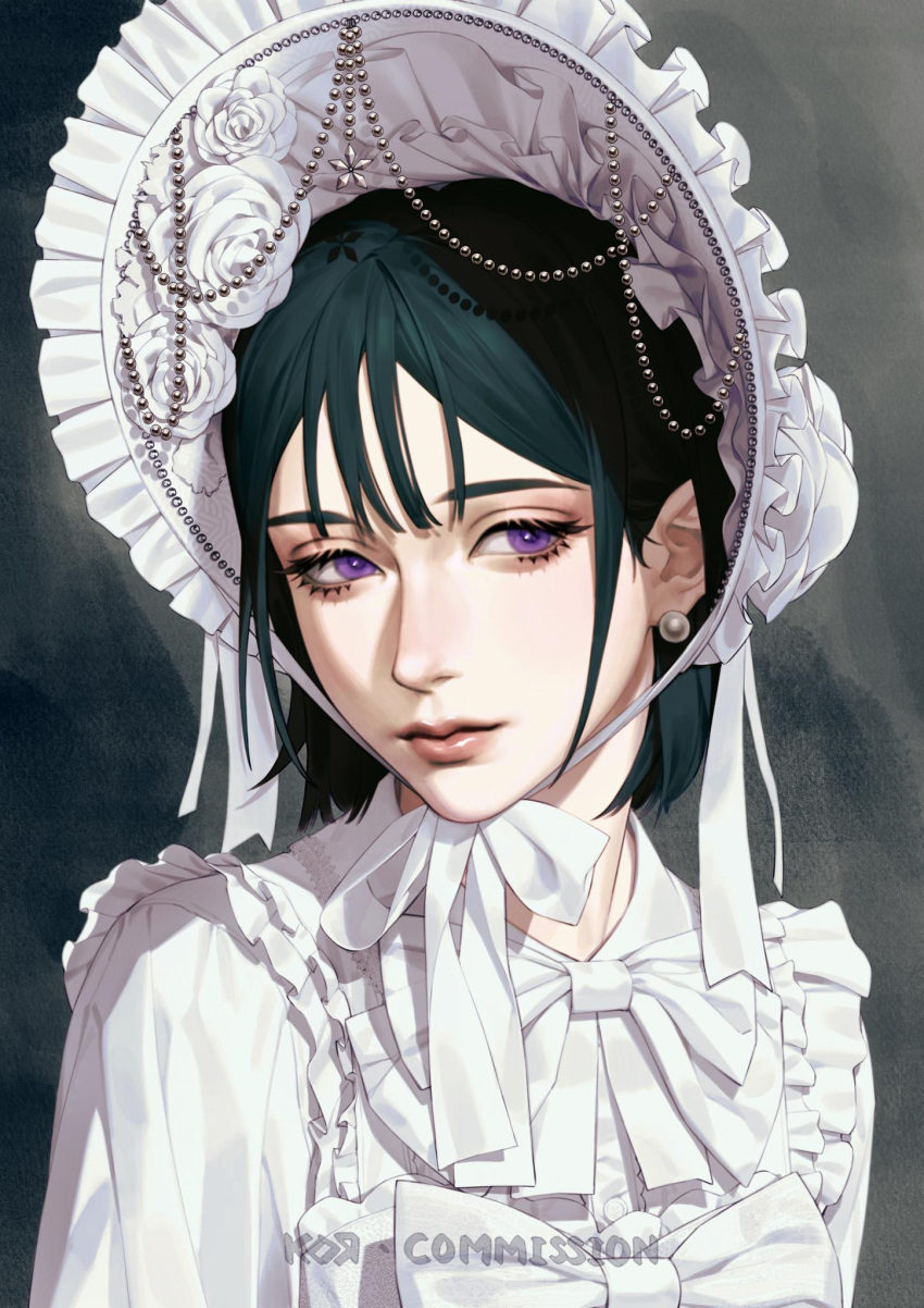 1girl, alien_stage, black_hair, bonnet, bow, choppy_bangs, closed_mouth, commission