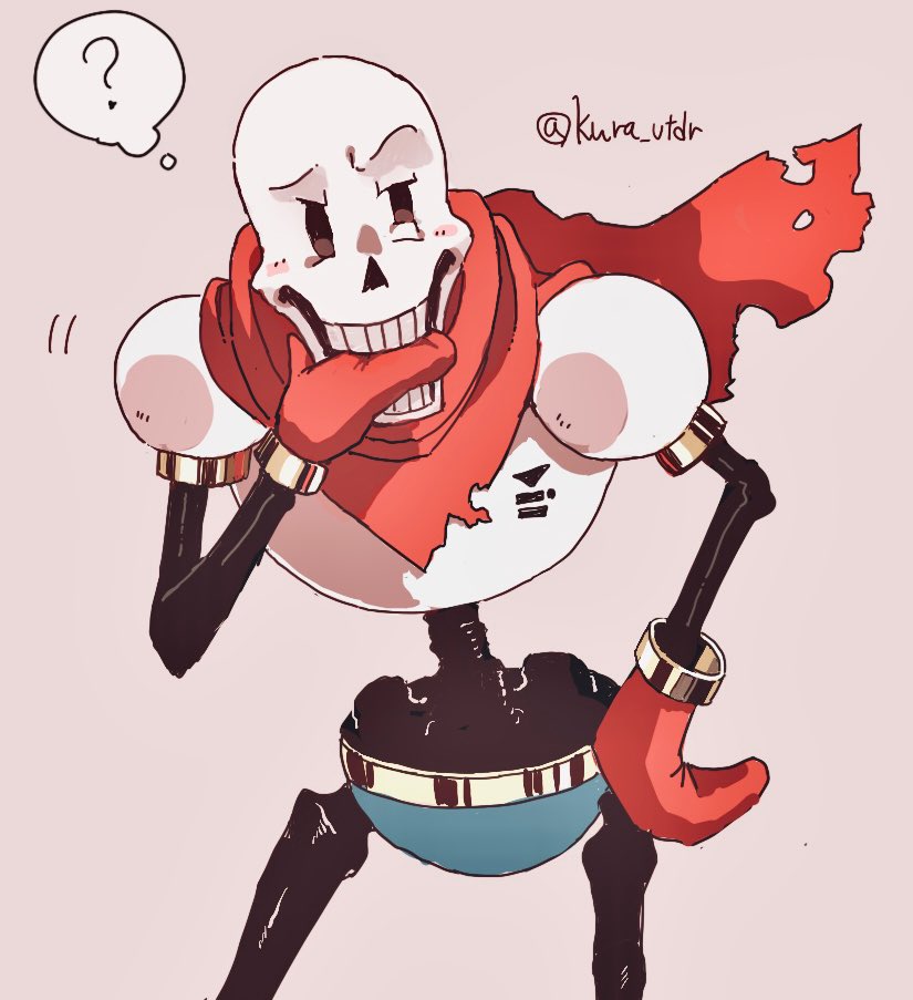 1boy, 2021, 2d, ?, armor, artist_name, blue_shorts, cape, cowboy_shot, digital_media, gloves, hand_in_mouth, hand_on_own_hip, humanoid, male, male_focus, male_only, monster, monster_boy, nagakura_(seven_walkers), papyrus_(undertale), pink_background, red_cape, red_gloves, shorts, simple_background, skeleton, solo, spoken_question_mark, teeth, twitter_username, undead, undertale, utdr_(toby_fox), white_armor