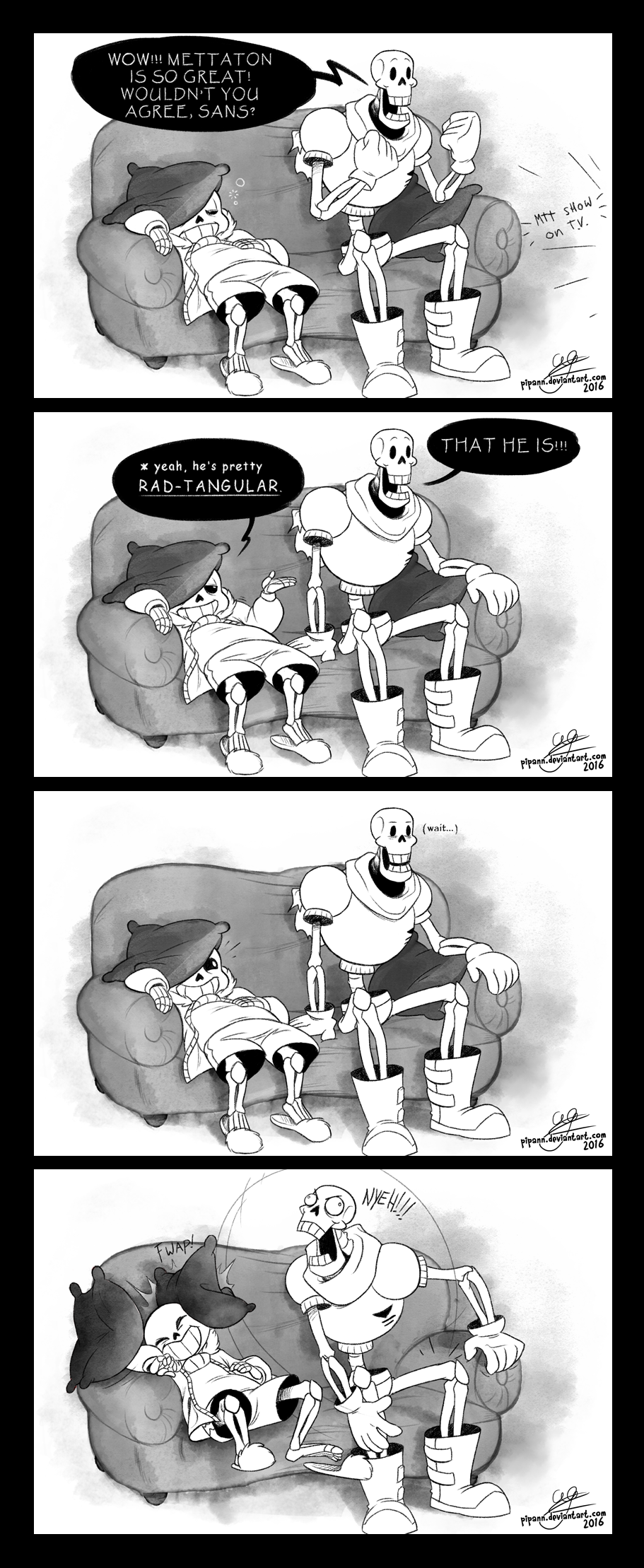 2015, 2boys, 2d, 4koma, armor, artist_name, black_border, boots, border, brothers, cape, comic, couch, cushion, deviantart_username, digital_media, duo, english_text, full_body, fur-trimmed_jacket, fur_trim, gloves, height_difference, hollow_eyes, humanoid, jacket, male, male_focus, male_only, monochrome, monster, monster_boy, multiple_boys, open_clothes, open_jacket, pants, papyrus_(undertale), pipann, sans_(undertale), shorts, siblings, signature, simple_background, single_vertical_stripe, sitting, skeleton, slippers, socks, speech_bubble, striped_shorts, sweater, sweater_under_jacket, teeth, text, turtleneck, undead, undertale, utdr_(toby_fox), vertical-striped_clothes, vertical-striped_shorts, white_background, white_stripes