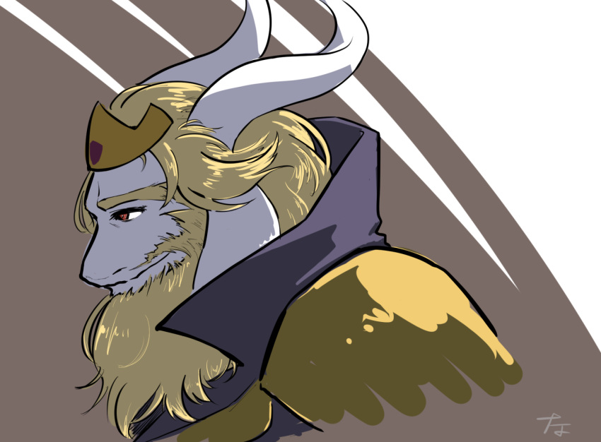 1boy, 2017, 2d, 716fluffybunny, animal_ears, anthro, asgore_dreemurr, beard, blonde_hair, cloak, cropped_shoulders, crown, digital_media, droopy_ears, facial_hair, fangs, floppy_ears, from_side, furry, furry_male, goat, goat_boy, goat_ears, goat_horns, horns, male, male_focus, male_only, mammal, monster, monster_boy, orange_eyes, pauldrons, profile, purple_background, purple_cloak, simple_background, solo, two-tone_background, undertale, utdr_(toby_fox), white_background, white_fur, white_horns