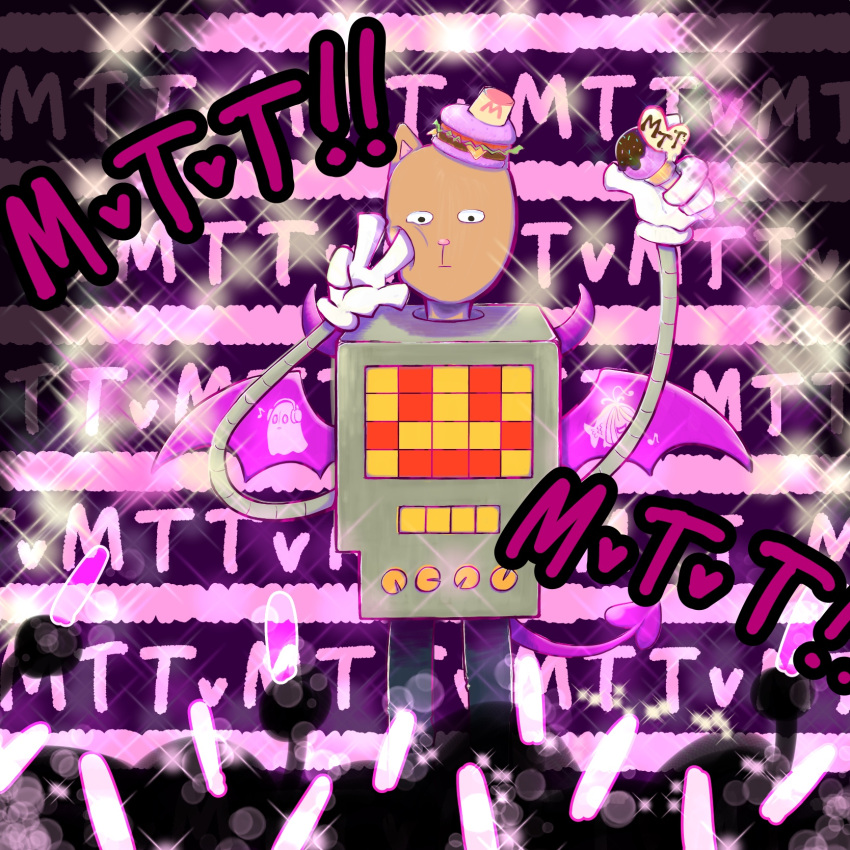 1:1, 2017, 2boys, 2d, 716fluffybunny, animal_ears, anthro, black_background, brown_fur, burger, burgerpants, cat, cat_boy, cat_ears, cat_tail, character_print, crowd, demon_tail, digital_media, expressionless, fake_tail, fake_wings, finger_on_another's_cheek, food, food_on_head, furry, furry_male, glamburger, gloves, glowstick, hat, highres, holding, holding_food, holding_ice_cream, holding_ice_cream_cone, ice_cream, ice_cream_cone, male, mammal, mettaton, mettaton_(box), mini_hat, multiple_boys, napstablook, non-humanoid_robot, robot, robot_boy, shyren, sparkle, tail, text, text_background, undertale, utdr_(toby_fox), white_gloves, wings