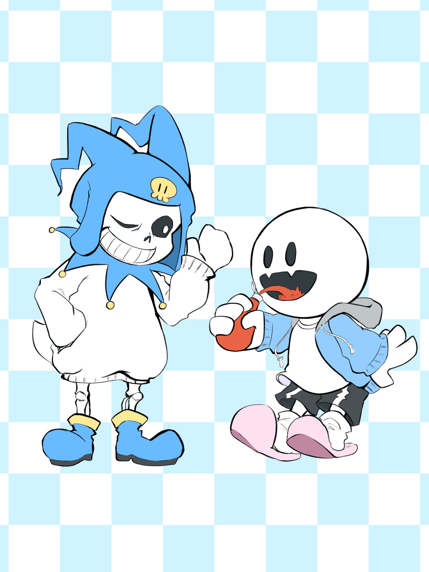 2017, 2boys, 2d, 716fluffybunny, ankle_boots, black_shorts, blue_background, blue_boots, blue_hat, blue_jacket, boots, bottle, checkered_background, color_connection, cosplay, costume_switch, creature, crossover, digital_media, duo, fangs, full_body, grey_hood, hand_in_pocket, hand_up, hat, height_difference, highres, holding, holding_bottle, hollow_eyes, hood, hood_down, hooded_jacket, humanoid, jack_frost_(megami_tensei), jack_frost_(megami_tensei)_(cosplay), jacket, ketchup, ketchup_bottle, male, male_focus, male_only, monster, monster_boy, multiple_boys, one_eye_closed, open_clothes, open_jacket, open_mouth, pink_slippers, sans_(undertale), sans_(undertale)_(cosplay), shin_megami_tensei, shin_megami_tensei_i, shirt, shorts, simple_background, single_vertical_stripe, skeleton, skin_fangs, skull_print, slippers, socks, solid_oval_eyes, standing, striped_shorts, teeth, two-tone_background, undead, undertale, utdr_(toby_fox), vertical-striped_clothes, vertical-striped_shorts, white_background, white_shirt, white_socks, white_stripes