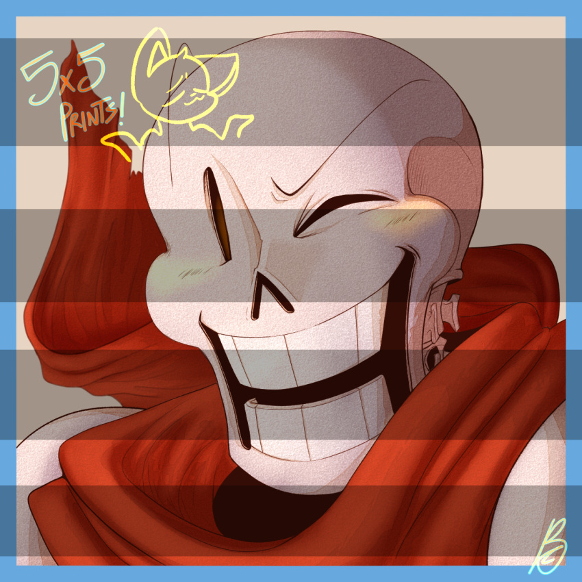 1boy, 2017, 2d, armor, blue_border, border, buttercupsticksntricks, cape, digital_media, humanoid, image_sample, male, male_focus, male_only, monster, monster_boy, one_eye_closed, papyrus_(undertale), portrait, red_cape, signature, simple_background, skeleton, solo, teeth, undead, undertale, utdr_(toby_fox), white_armor, yellow_background