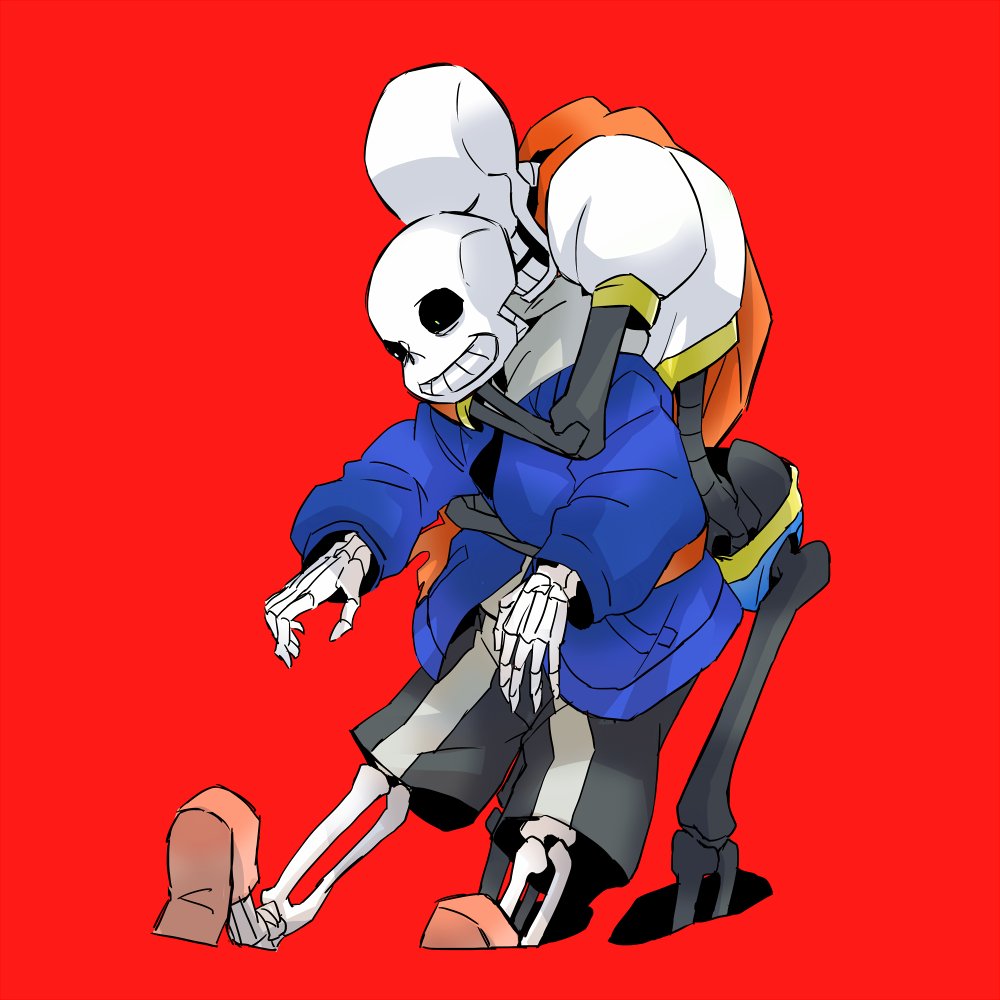 2018, 2boys, 2d, armor, behind_another, black_shorts, blue_jacket, blue_shorts, brothers, cape, closed_eyes, commentary, digital_media, duo, gloves, grey_hood, grey_stripes, height_difference, hollow_eyes, hood, hood_down, hooded_jacket, hug, hug_from_behind, humanoid, jacket, male, male_focus, male_only, monster, monster_boy, multiple_boys, open_clothes, open_jacket, papyrus_(undertale), pink_slippers, red_background, red_cape, red_gloves, sans_(undertale), shirt, shorts, siblings, simple_background, single_vertical_stripe, skeleton, slippers, striped_shorts, teeth, undead, undertale, untel_soup, utdr_(toby_fox), vertical-striped_clothes, vertical-striped_shorts, white_armor, white_shirt