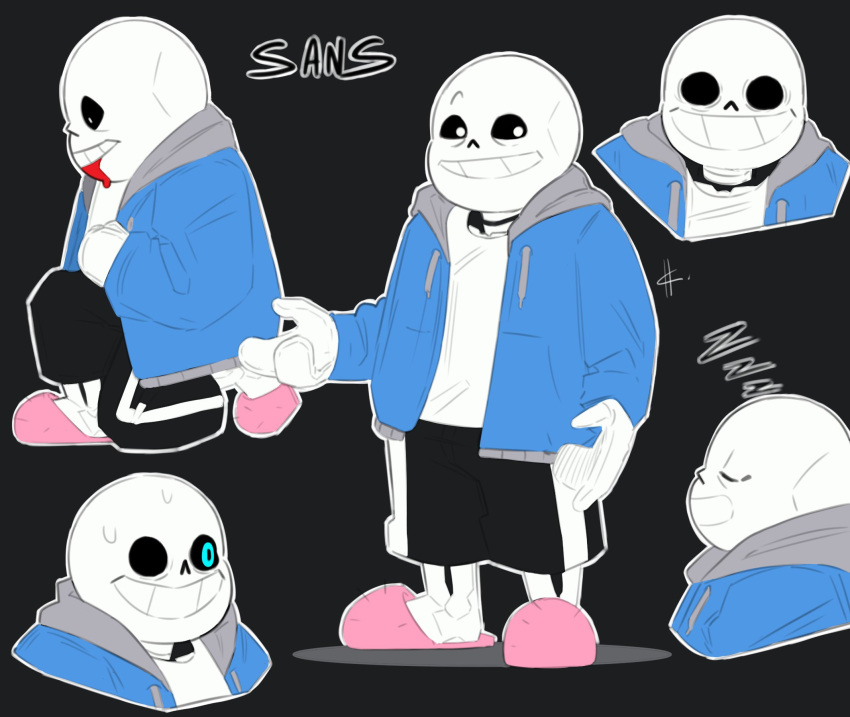 1boy, 2021, 2d, black_background, black_shorts, blue_jacket, character_name, commentary, cropped_shoulders, digital_media, full_body, gloves, glowing, glowing_eye, grey_hood, hcrepine, highres, hollow_eyes, hood, hood_down, hooded_jacket, humanoid, jacket, kneeling, male, male_focus, male_only, monster, monster_boy, multiple_views, on_one_knee, open_clothes, open_jacket, outline, pink_slippers, sans_(undertale), shirt, shorts, simple_background, single_vertical_stripe, skeleton, sleeping, slippers, socks, solo, standing, striped_shorts, sweat, teeth, undead, undertale, utdr_(toby_fox), vertical-striped_clothes, vertical-striped_shorts, white_gloves, white_outline, white_shirt, white_socks, white_stripes, zzz