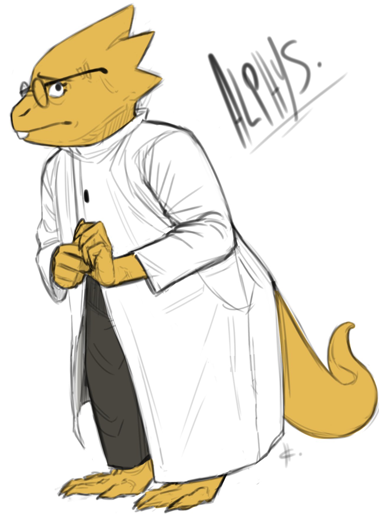 1girl, 2021, 2d, alphys, anthro, barefoot, black_pants, buck_teeth, character_name, coat, colored_skin, commentary, digital_media, dinosaur, dinosaur_girl, female, female_only, full_body, glasses, hashtag-only_commentary, hcrepine, highres, lab_coat, lizard, lizard_girl, lizard_tail, monster, monster_girl, own_hands_together, pants, reptile, reptile_girl, reptile_tail, scalie, simple_background, solo, standing, tail, teeth, undertale, utdr_(toby_fox), white_background, white_coat, yellow_skin